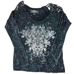Y2K Whimsigoth Graphic Embellished Top Women's XL Black Crochet Fairy Grunge